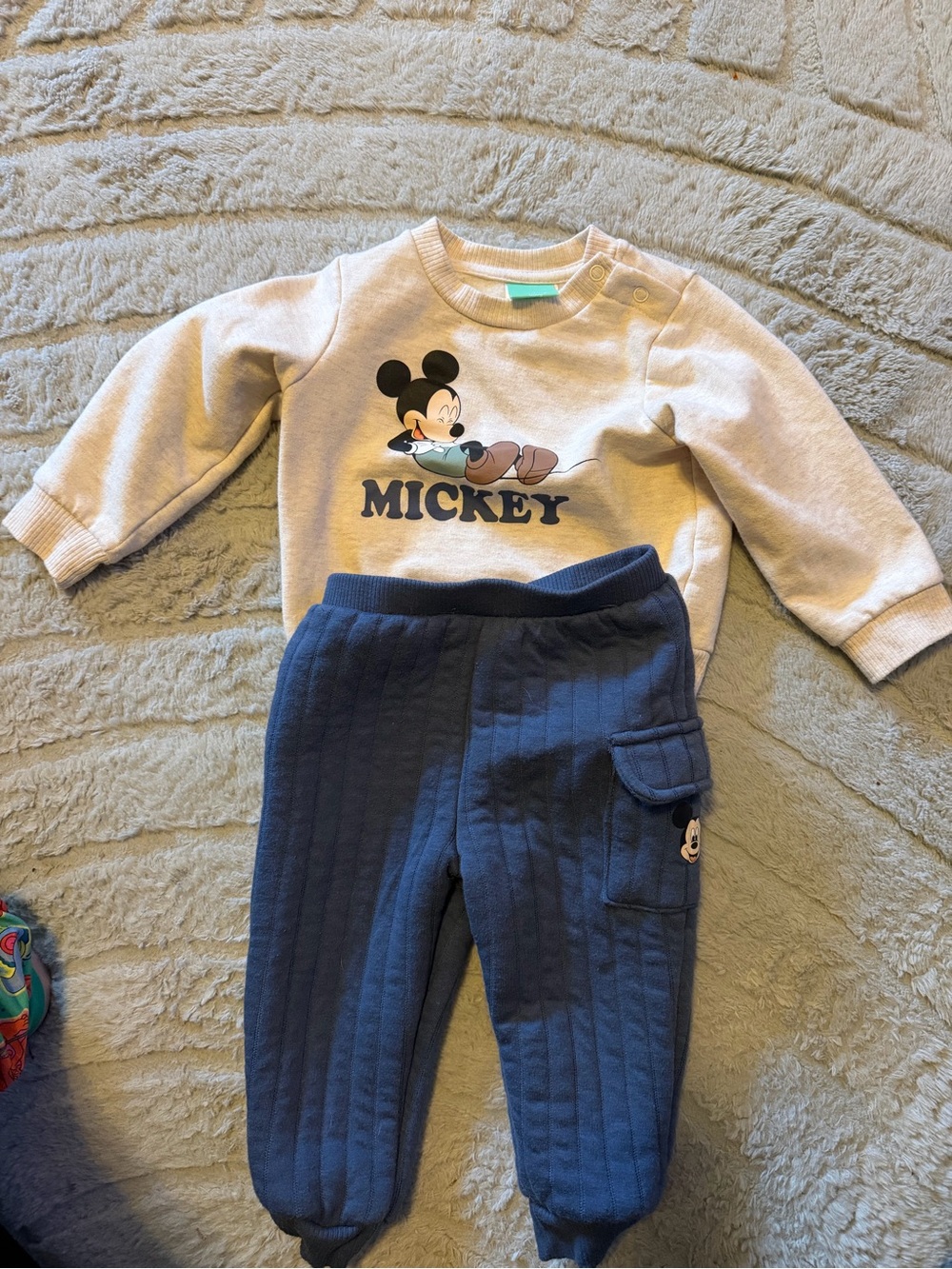 12 month Mickey Mouse Cream Sweatshirt & Blue Quilted Joggers Set